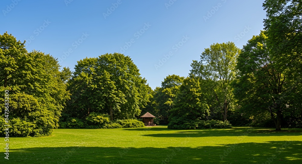 Obraz premium Lush Green Park Under Clear Blue Sky Featuring Sprawling Lawn Trees Shrubs and a Small Structure in a Tranquil Outdoor Setting on a Sunny Early Summer Day