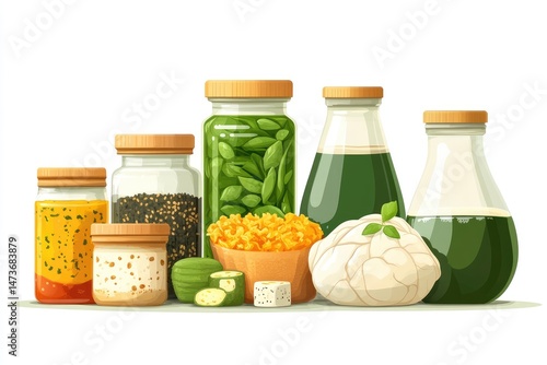 Flat set of fermented plant-based foods in jars and bottles on white background