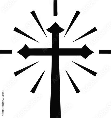 The gold cross, a Christian symbol of faith and the crucifix of Christ, stands on a wall near an arrow design and a clock, representing religious belief and time