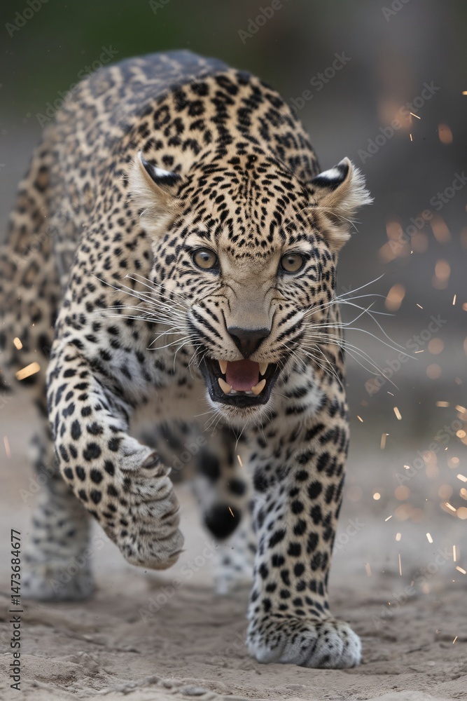 Obraz premium A fierce leopard with striking spots and intense blue eyes charges forward with excitement.