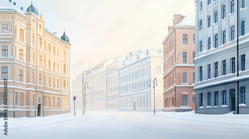 Fototapeta premium Serene Winter Watercolor View of Snowy Street with Historical Architecture