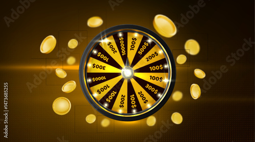 Spinning casino wheel and money on black background. Vector realistic illustration of roulette and golden coins flying around, lucky game, winner prize, jackpot bonus, gambling club banner design