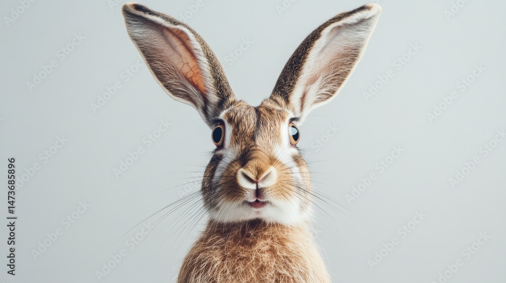 Obraz premium A Close-Up Portrait of an Adorable Brown Hare with Long Ears, Against a Soft Gray Background, Captivating Gaze