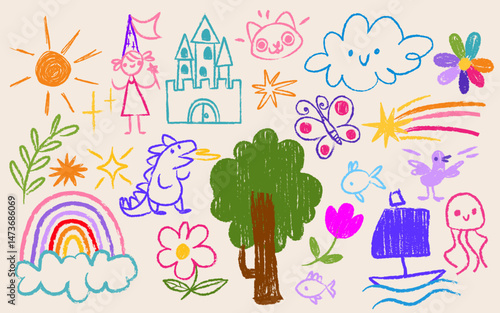 Kid crayon doodle set with cloud and rainbow, tree and castle, sun and flowers, princess and animals. Colorful children drawing elements collection for kindergarten design projects, greeting cards.