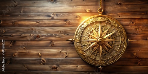 A golden wind rose compass hanging on a wooden wall with intricate carvings and a subtle glow surrounding it , wind rose, golden compass