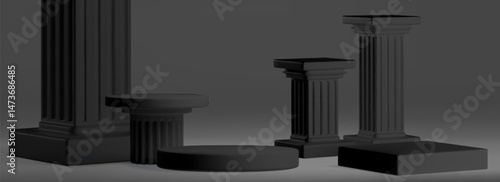 Black podium column set - square, round and rectangular pedestals of various heights. Classic architectural forms with fluted shafts, smooth tops and plinth bases. Monochrome 3d render on gray bg.