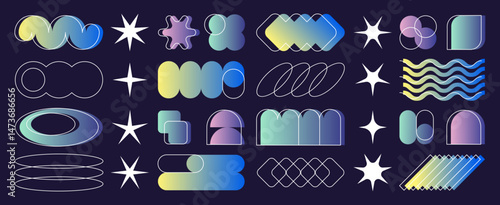 Y2k inspired gradient shape pack - stars and circles, rounded rectangles and waves in vibrant pastel color. Retro funky graphic elements from 2000s era for logo design, pattern making or backgrounds.