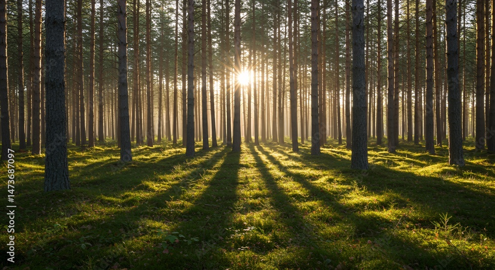 Fototapeta premium Sunlit Pine Forest Floor with Lush Green Moss Vegetation Sunlight Filtering Through Tall Tree Trunks Creating Dramatic Shadows a Panoramic Early Summer Scene