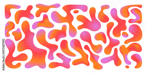 Funky liquid gradient shapes in vibrant pink, red and orange colors. Organic flowing forms with smooth curves, rounded edges and uneven contours. Modern abstract dynamic fluid effect background.