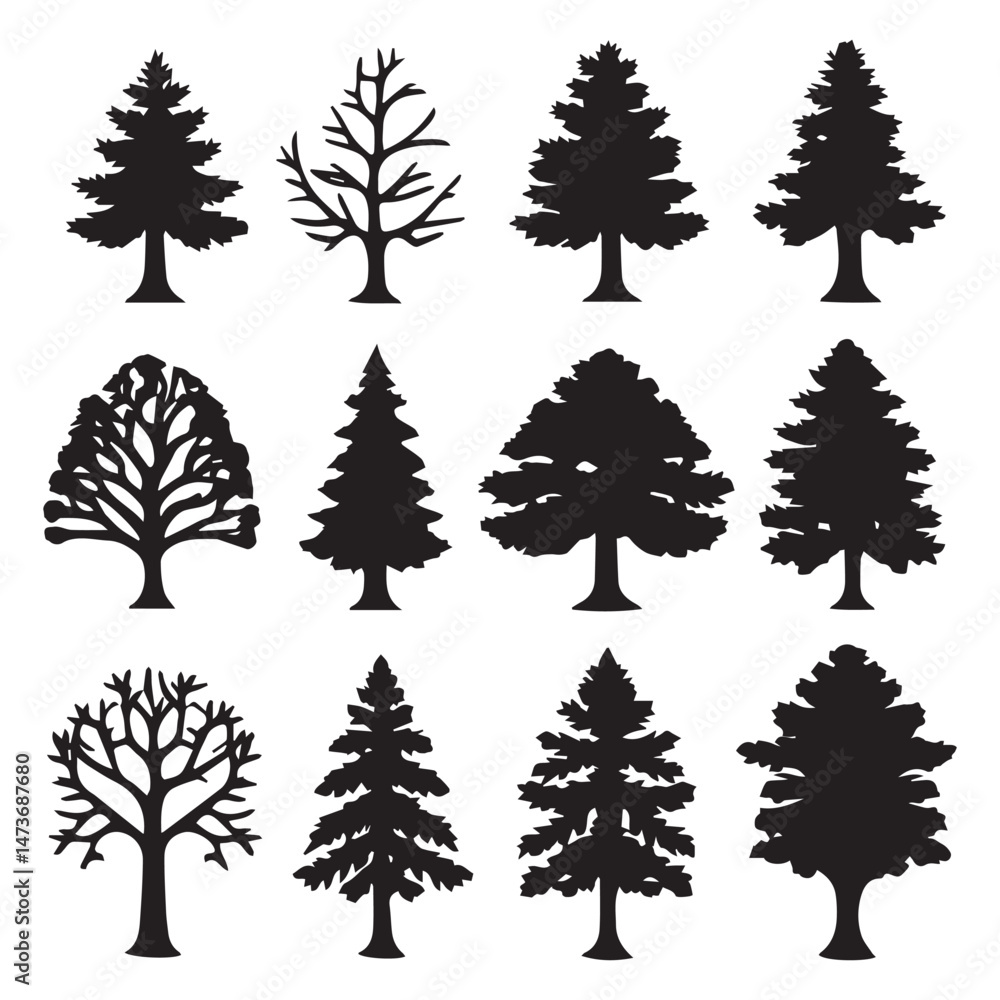 Fototapeta premium set of black forest tree vector silhouettes isolated on white&nbsp;background 1