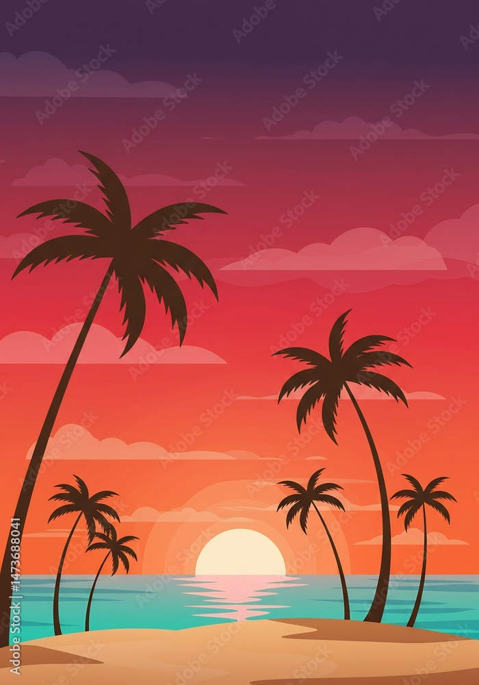 Vibrant Tropical Sunset Beach Scene with Palm Tree Silhouettes Vibrant Tropical Sunset Beach Scene with Palm Tree Silhouettes