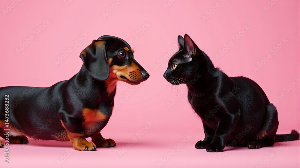 Fototapeta premium Dachshund And Black Cat Face-To-Face