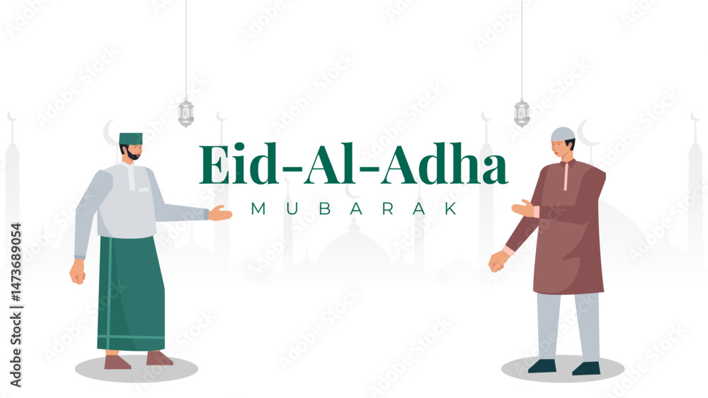 Eid al-Adha Celebration Background with Muslim man Character Illustration. Islamic Feast, Animal Sacrifice Eid al-Adha Celebration Background with Muslim man Character Illustration. Islamic Feast, Animal Sacrifice