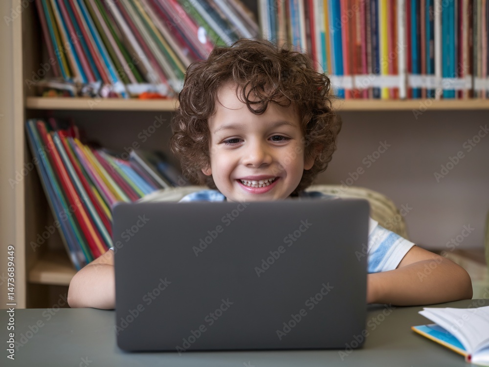 Happy mixed-race boy engaged with a laptop in a colorful, cozy library setting.