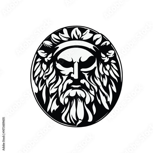 Bold illustration of a bearded man’s face encircled by leaves, symbolizing wisdom and nature.