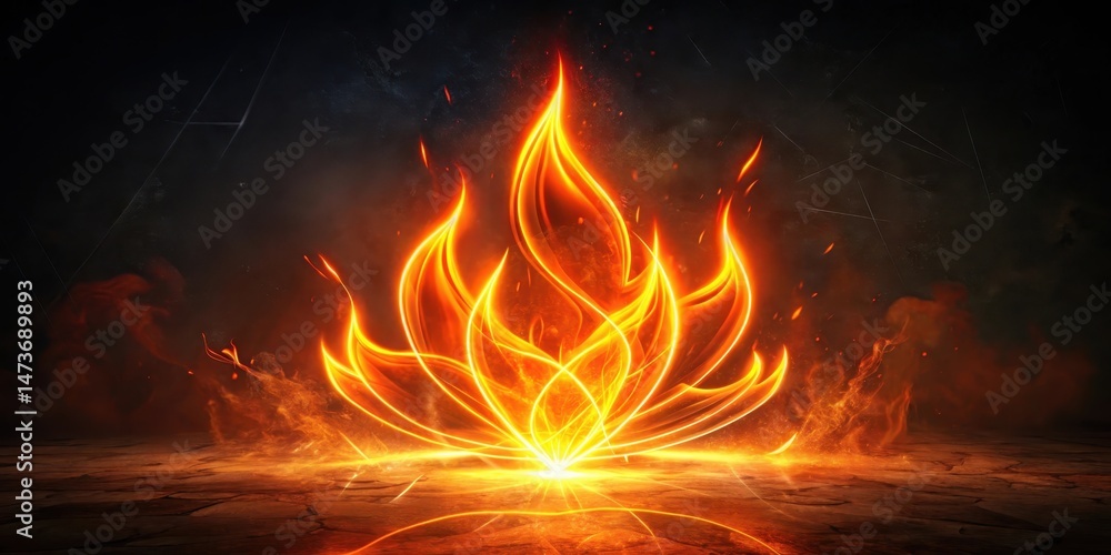 Fiery neon orange flame shaped light installation with flickering elements on a dark and mysterious background, abstract design, mysterious Fiery neon orange flame shaped light installation with flickering elements on a dark and mysterious background, abstract design, mysterious