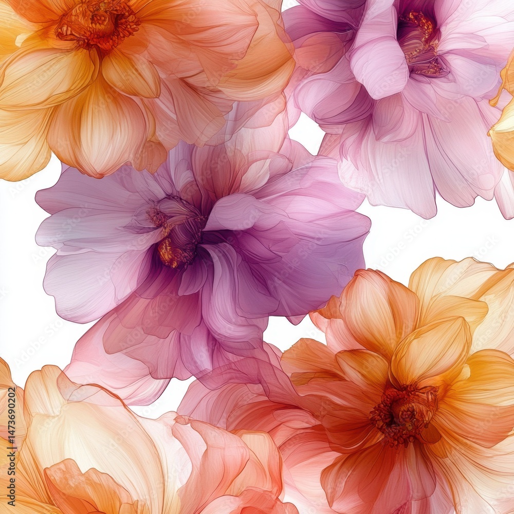 Vibrant floral pattern with translucent pink and orange petals