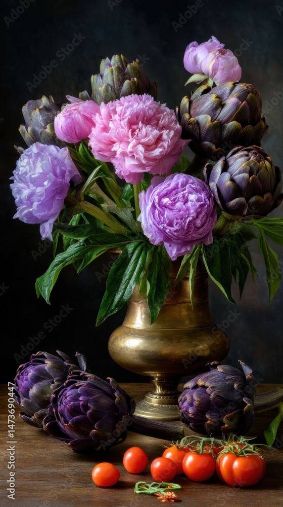 Peonies and artichokes in brass vase with cherry tomatoes on rustic table