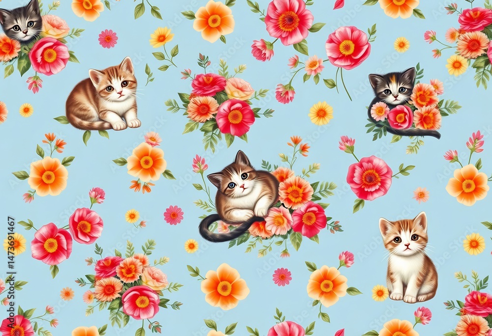 Fototapeta premium A charming seamless pattern featuring adorable cats nestled amongst vibrant floral bouquets on a soft blue backdrop, print, blue background