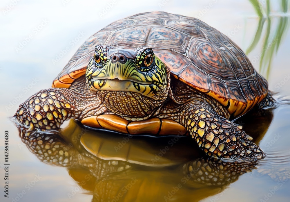Fototapeta premium Close up view of a turtle in shallow water, showcasing its intricate shell pattern and reflective surface.