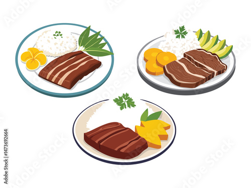 vector illustration of a Carne de Sol (Sun-Dried Beef, Typically Served with Cassava and Rice)