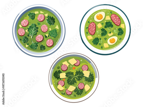 vector illustration of a Caldo Verde (Green Soup with Potatoes, Sausage, and Kale)