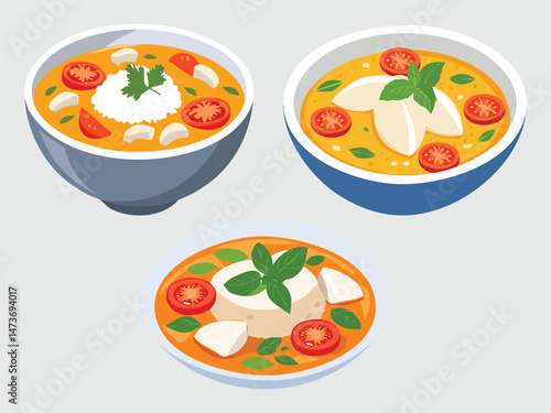 vector illustration of a Moqueca (Fish Stew Cooked with Coconut Milk, Tomatoes, and Dendê Oil)