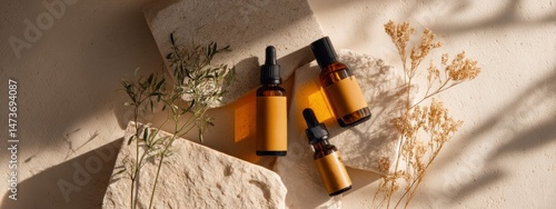 Flat lay of organic skincare products on a white stone surface with soft shadows and elegant composition