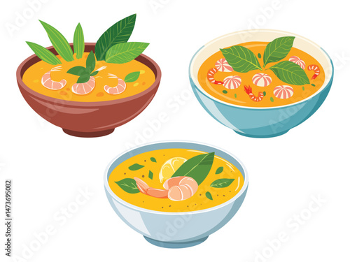 vector illustration of a Tacacá (Amazonian Soup Made with Shrimp, Tucupi, and Jambu Leaves)