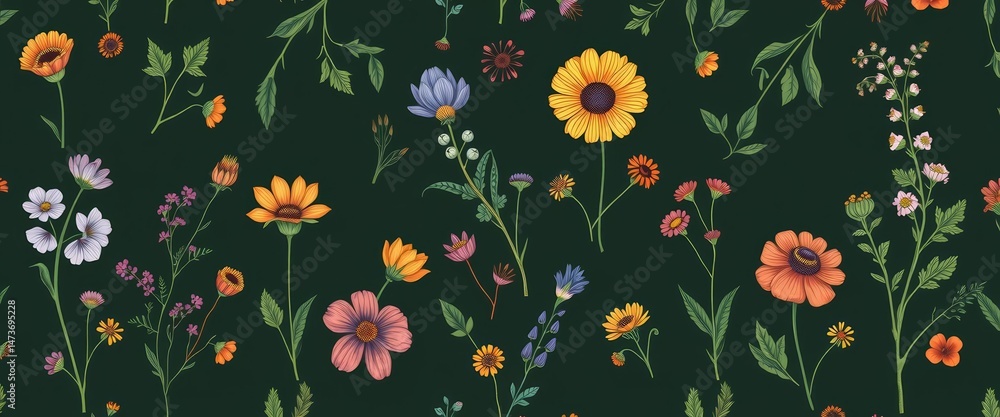custom made wallpaper toronto digitalSeamless vector pattern featuring hand-drawn herbs and wildflowers, offering ample negative space, field, vibrant
