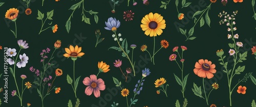 Wallpaper Mural Seamless vector pattern featuring hand-drawn herbs and wildflowers, offering ample negative space, field, vibrant Torontodigital.ca