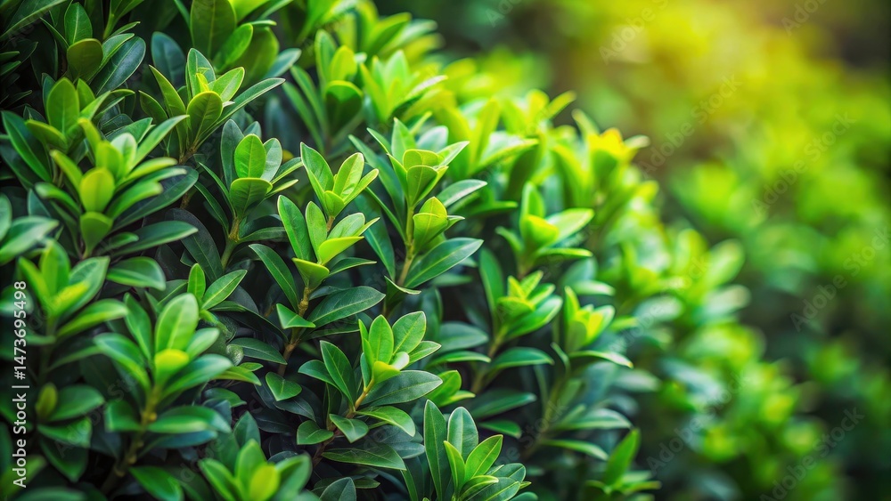 Obraz premium Close-up of a lush green shrub with dense foliage in the background, showcasing intricate leaf patterns and texture, set against a natural, earthy tone backdrop , botanical photography, plant details