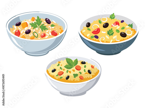 vector illustration of an Arroz à Grega (Greek-Style Rice with Vegetables and Raisins)