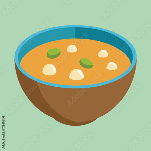 This food vector illustration shows a bowl of vegetable soup with a flat design and warm color palette, an artful icon of a healthy snack