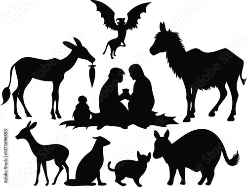 This vector set features black silhouettes of farm and wild animals, including horse shapes and other mammals