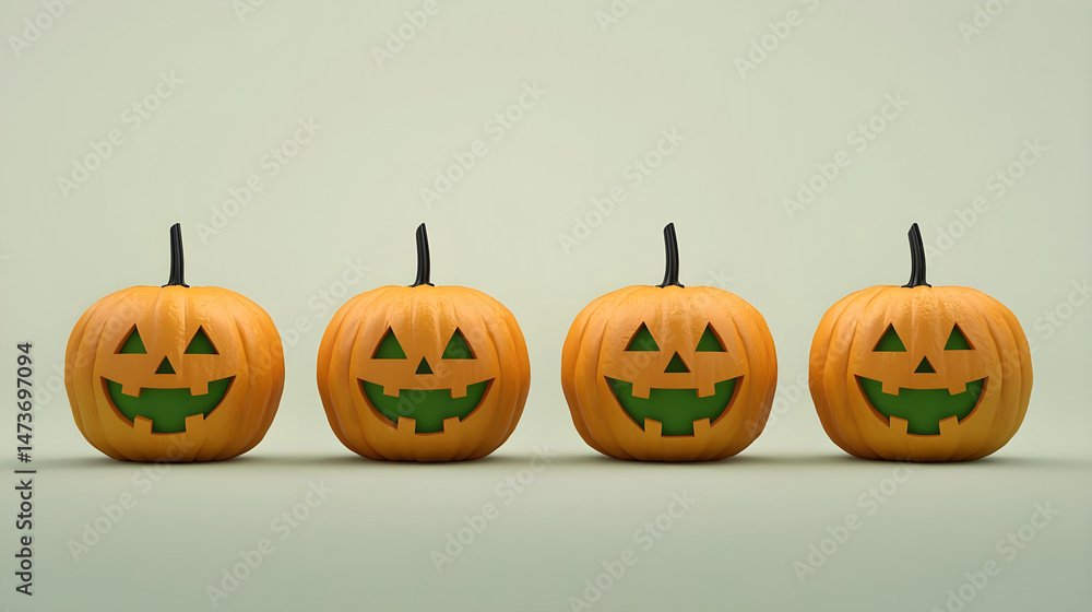Four Jack-o'-lanterns with Smiling Faces on Light Background Four Jack-o'-lanterns with Smiling Faces on Light Background