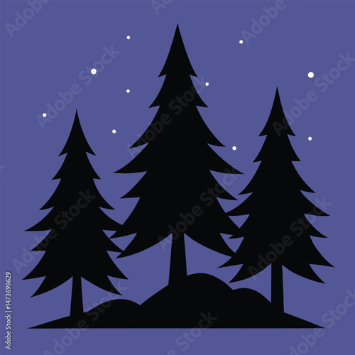 A green vector illustration shows a Christmas tree in a winter landscape with snow for the holiday celebration