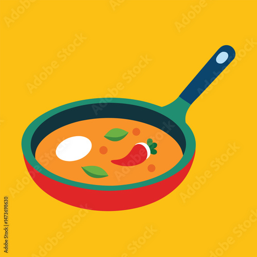 A black frying pan holds a fried egg with a bright yellow yolk, a simple breakfast food being cooked in the kitchen