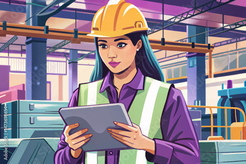 Professional female industrial engineer in safety uniform and hard hat using tablet while walking through metal manufacturing warehouse. Confident woman specialist in heavy industry factory technology