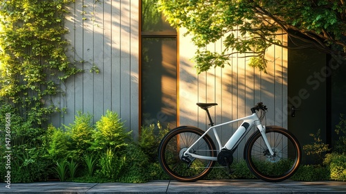 Eco-friendly electric bike parked near modern home