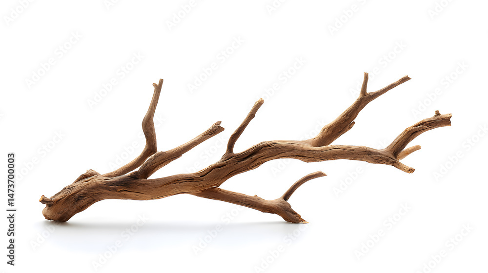 Fototapeta premium Dry branch of dead tree with cracked dark bark wood background isolated on white background