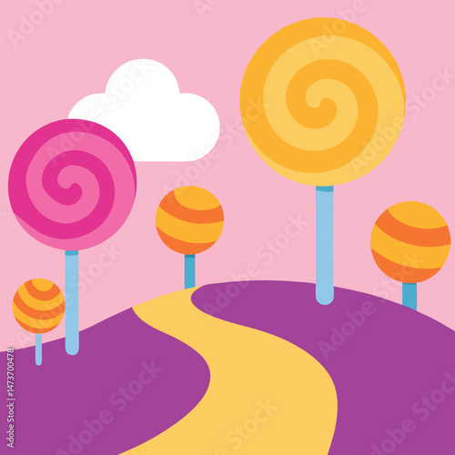 A colorful swirl of sweet lollipops blooms on a candy tree beneath a rainbow sky of sugary clouds