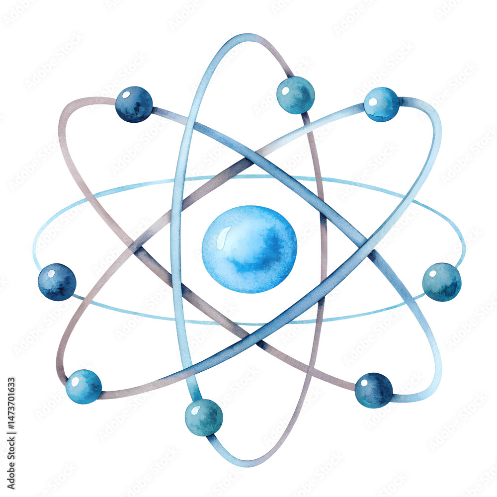 Watercolor Atom science biotechnology blue isolated on transparent background Watercolor Atom science biotechnology blue isolated on transparent background
