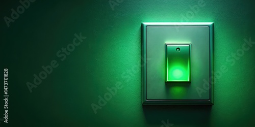 A light switch with a green glowing faceplate on a darkened green background, highlighting the switch's mechanism and intricate design, green glow, lighting fixture