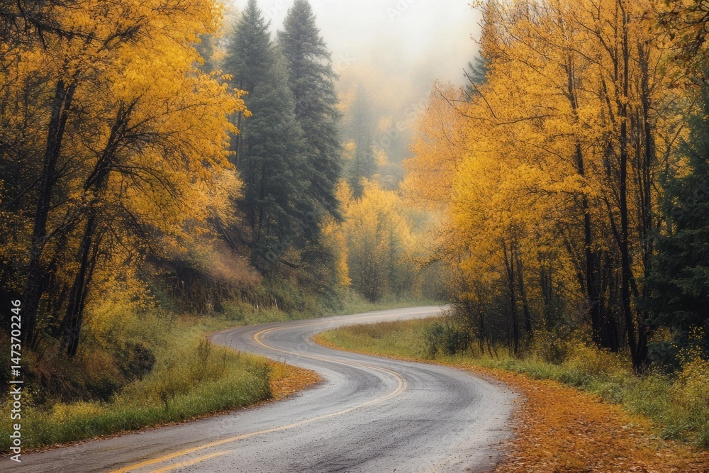 Serene Autumn Drive: Winding Road Through Golden Aspens and Misty Mountains Serene Autumn Drive: Winding Road Through Golden Aspens and Misty Mountains