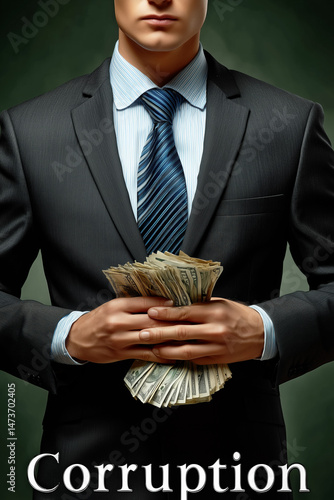 Concept of corruption with businessman holding wad of cash