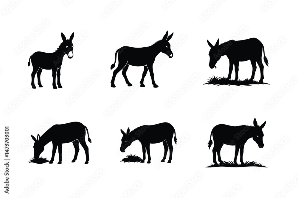 Donkey silhouette Vector bundle illustration, Set of Donkey silhouette Donkey silhouette Vector bundle illustration, Set of Donkey silhouette
