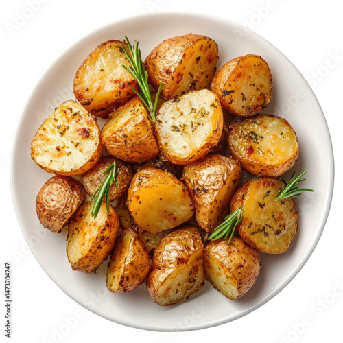 Crispy roasted potatoes in white dish. Top view