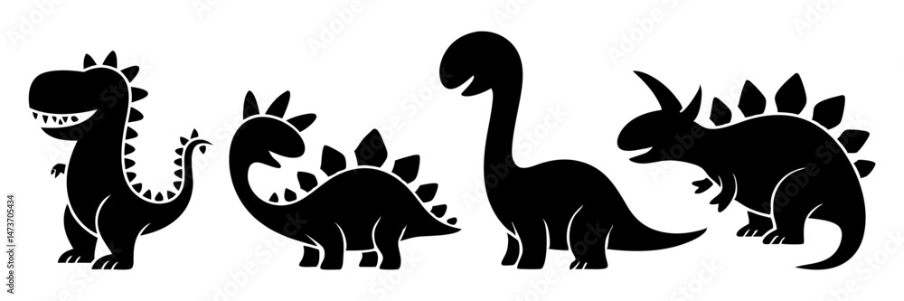 Fototapeta premium Fun dinosaur character silhouettes including T rex and stegosaurus in a stylized child friendly black design