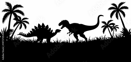Silhouette of two dinosaurs facing off in a jungle scene with palm trees and prehistoric landscape in black